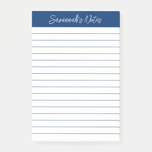 Script Elegant Navy Blue Lined Personalized Post-it Notes (Front)