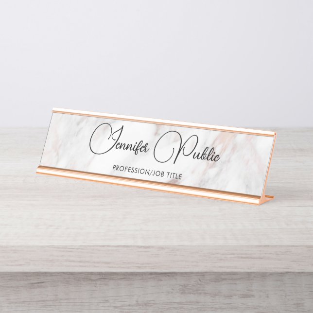 Script Elegant Rose Gold Marble Modern Typography Desk Name Plate (Front)