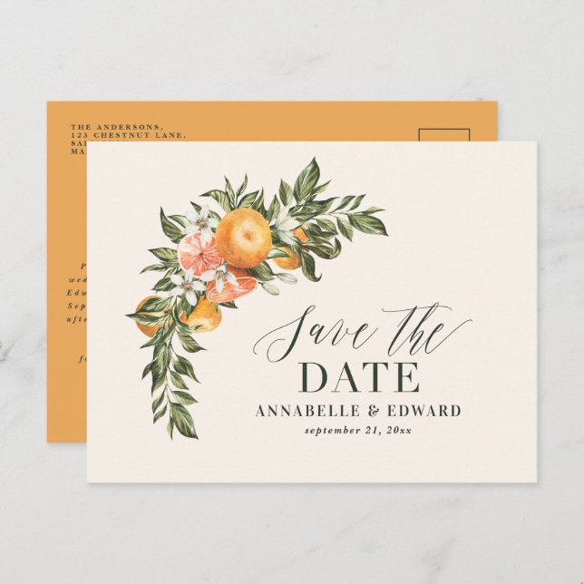 Script elegant wedding citrus botanical modern ann announcement postcard (Front/Back)