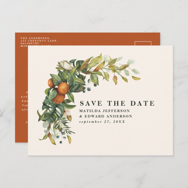 Script elegant wedding citrus botanical modern announcement postcard (Front/Back)