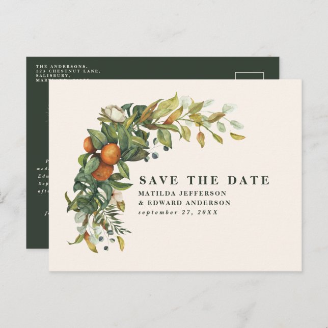Script elegant wedding citrus botanical modern announcement postcard (Front/Back)