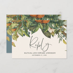 Script elegant wedding citrus botanical modern RSVP card