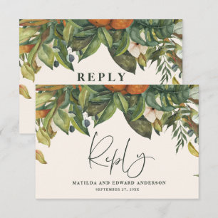 Script elegant wedding citrus botanical modern RSVP card
