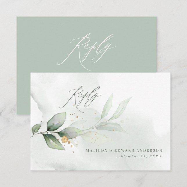 Script elegant wedding eucalyptus botanical modern RSVP card (Front/Back)