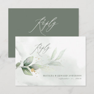 Script elegant wedding green botanical modern RSVP card