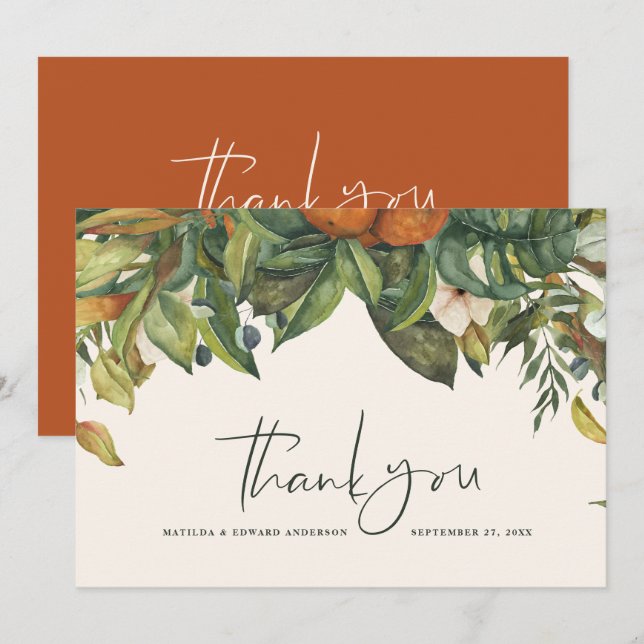 Script elegant wedding thank you citrus botanical card (Front/Back)