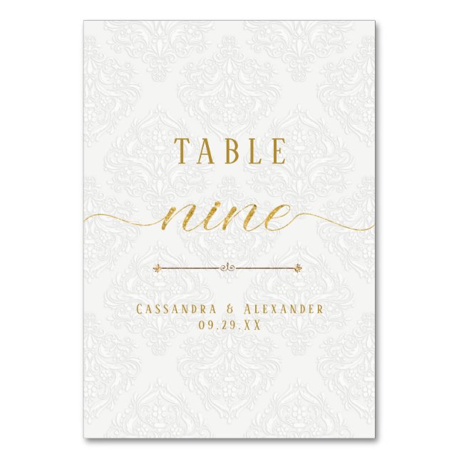 Script Elegant White Lace Gold Wedding Nine 9 Table Number (Front)