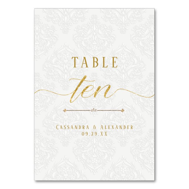 Script Elegant White Lace Gold Wedding Ten 10 Table Number (Front)
