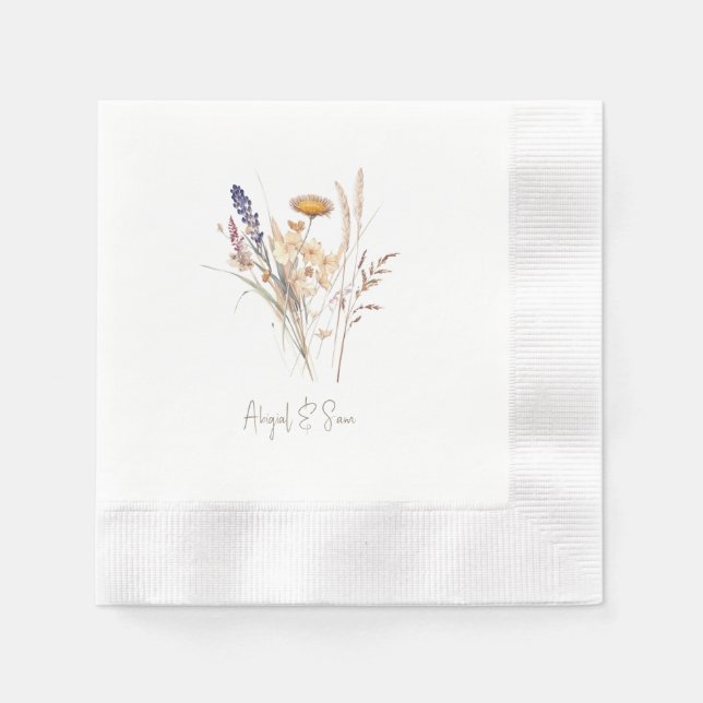 Script Fall Floral Wedding Cocktail  Napkin (Front)