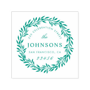 Script Family Name Return Address Botanical Wreath Self-inking Stamp