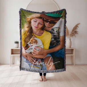 Script Family Photo Woven  Throw Blanket