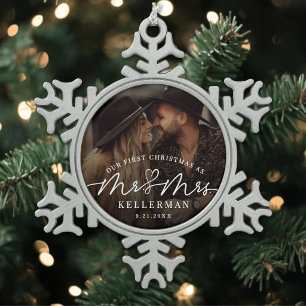 Script First Christmas As Mr & Mrs Wedding Photo Snowflake Pewter Christmas Ornament