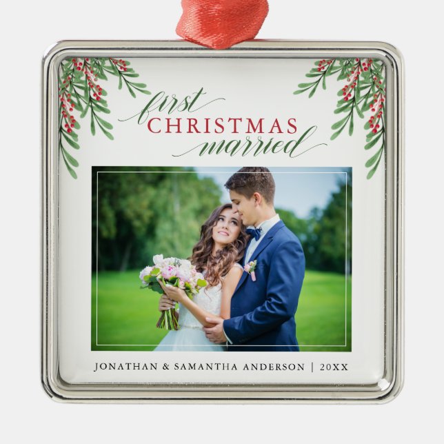 Script First Christmas Married Photo Metal Tree Decoration (Front)