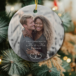 Script First Christmas Mr & Mrs Wedding Photo Ceramic Tree Decoration