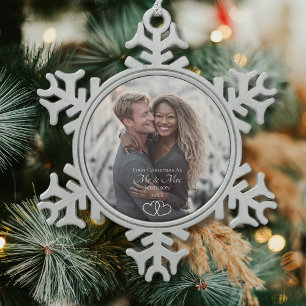 Script First Christmas Mr & Mrs Wedding Photo Snowflake Pewter Christmas Ornament