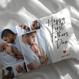 Script First Father's Day Photo Collage Gift Lumbar Cushion