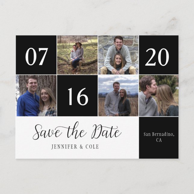 Script Five Photo Calendar Block Save The Date Announcement Postcard (Front)