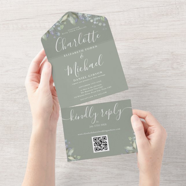 Script Floral QR Code Sage Green Wedding  All In One Invitation (Tearaway)