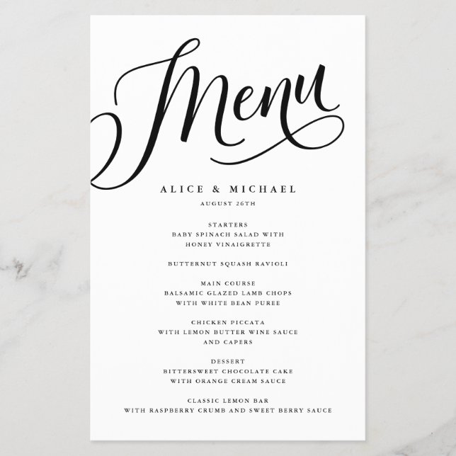 Script Flourish Personalised Black Paper Menu (Front)