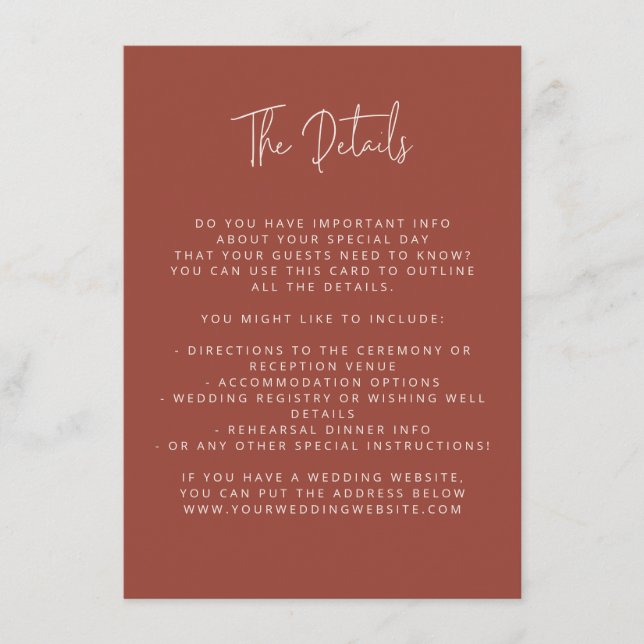Script Font Modern Wedding Terracotta Colour Block Enclosure Card (Front)