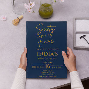 Script Gold & Blue 65th Birthday party Invitation