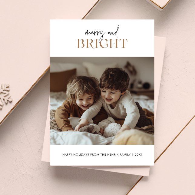 Script Gold Merry & Bright Christmas Kids Photo Holiday Card (Creator Uploaded)