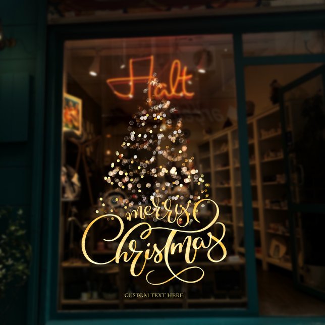 Script Gold Merry Christmas Tree Business Holiday (Script Gold Merry Christmas Tree Business Corporate Entrance Window Cling)