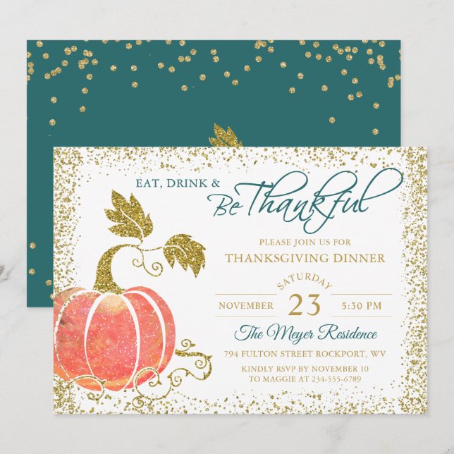 Script Gold Pumpkin Thanksgiving Dinner Invitation (Front/Back)