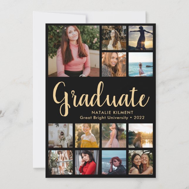 Script Graduate 14 Photo Collage Black Graduation Announcement (Front)