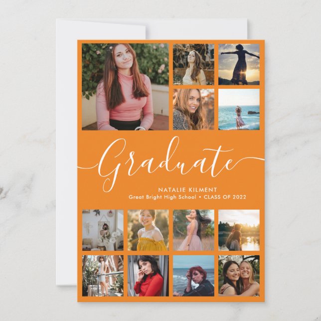Script Graduate 14 Photo Collage Orange Graduation Announcement (Front)