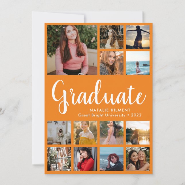 Script Graduate 14 Photo Collage Orange Graduation Invitation (Front)