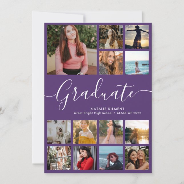 Script Graduate 14 Photo Collage Purple Graduation Invitation (Front)