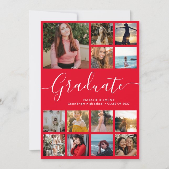 Script Graduate 14 Photo Collage Red Graduation Invitation (Front)