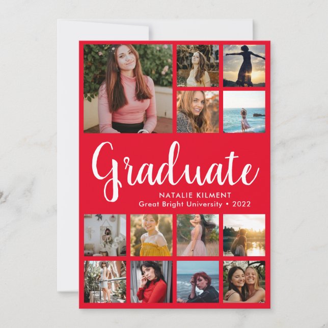 Script Graduate 14 Photo Collage Red Graduation Invitation (Front)