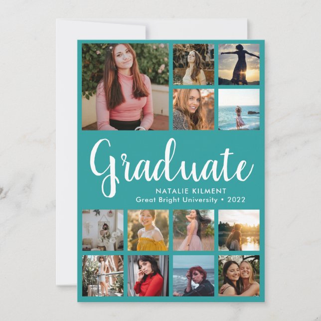 Script Graduate 14 Photo Collage Teal Graduation Invitation (Front)