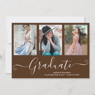 Script Graduate 3 Photo Collage Brown Graduation Announcement