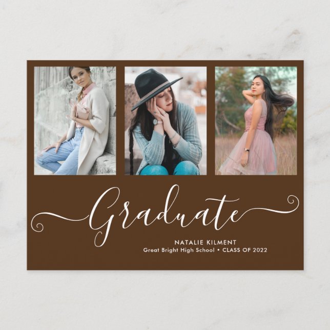 Script Graduate 3 Photo Collage Brown Graduation Announcement Postcard (Front)