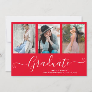 Script Graduate 3 Photo Collage Red Graduation Announcement