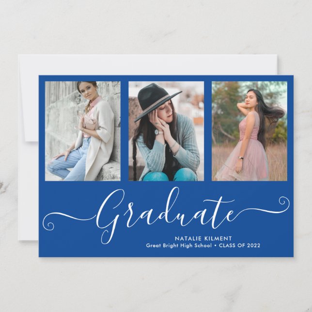 Script Graduate 4 Photo Collage Blue Graduation Announcement (Front)