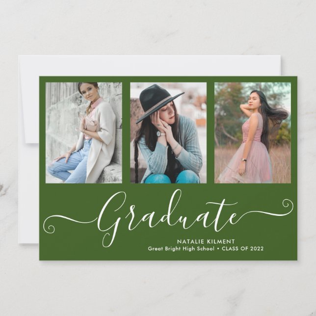 Script Graduate 4 Photo Collage Green Graduation Invitation (Front)
