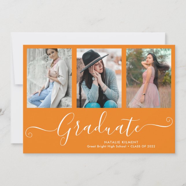 Script Graduate 4 Photo Collage Orange Graduation Announcement (Front)