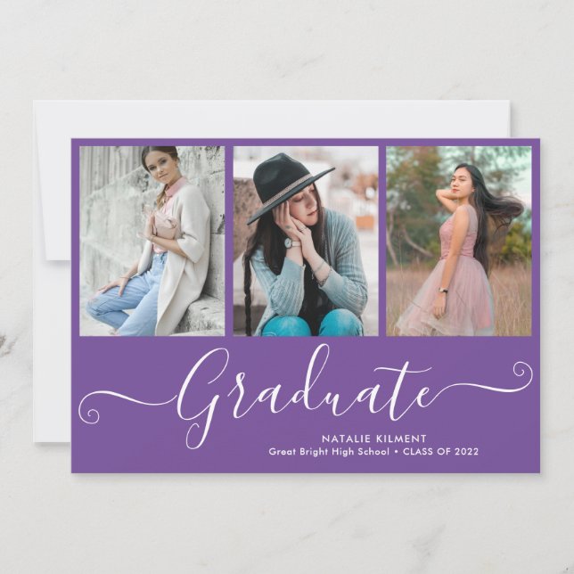 Script Graduate 4 Photo Collage Purple Graduation Announcement (Front)