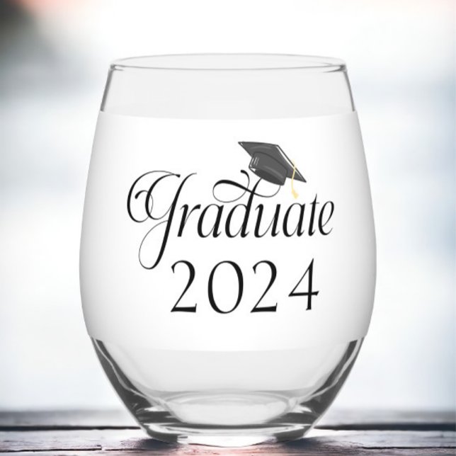 Script Graduate Cap Personalised Class of 2024  Stemless Wine Glass (Creator Uploaded)