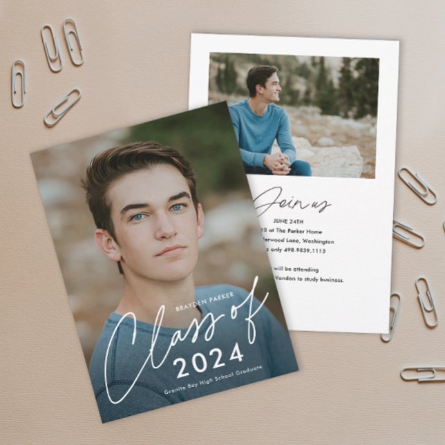 Script Graduating Class Photo Graduation  Invitation (Simple handwritten script Class of 2024 photo graduation invitation announcements.)