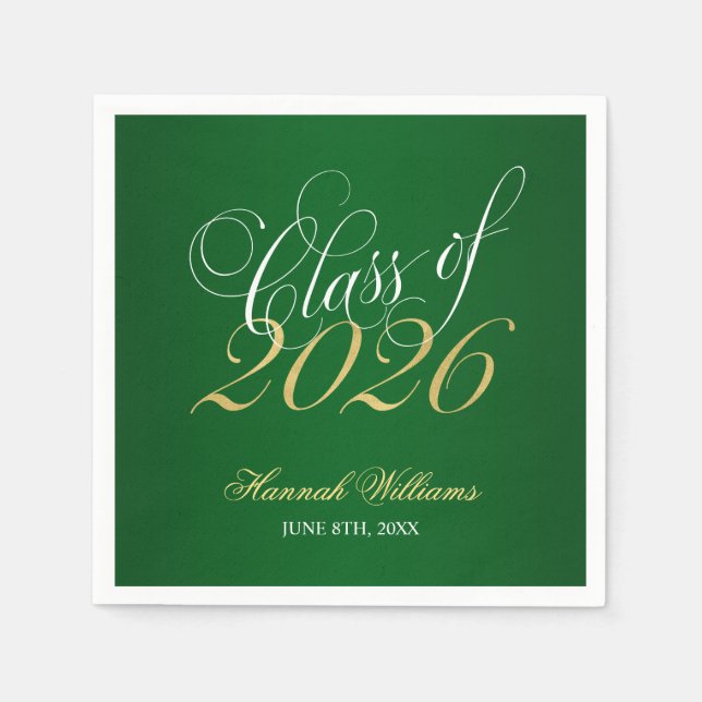 Script Green Gold Class of 2025 Graduation Napkin (Front)