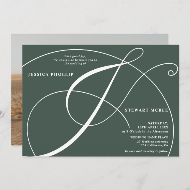 Script green photo calligraphy wedding invitation (Front/Back)