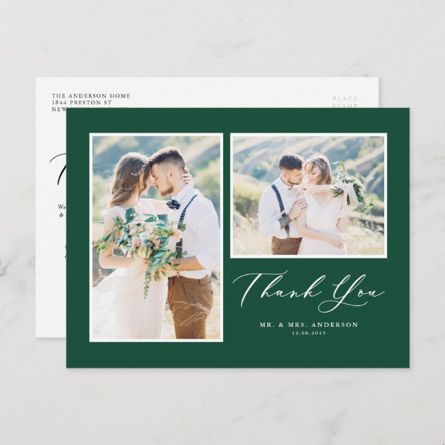 Script Green Two Photo Wedding Thank You Postcard (Front/Back)