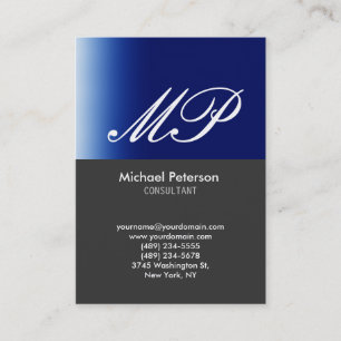 Script Grey Blue Stripe Monogram Business Card