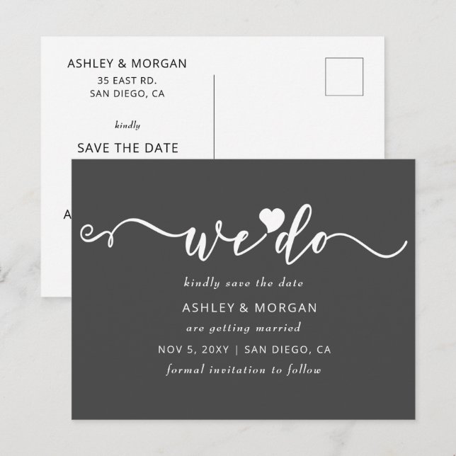 Script Grey Heart We Do Save the Date Announcement Postcard (Front/Back)