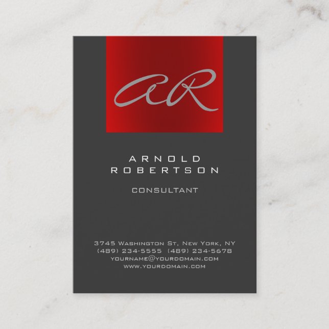 Script Grey Red Trendy Monogram Business Card (Front)